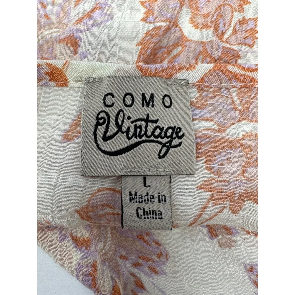 Como Vintage Pink & White Peasant Style Short Sleeve Tie Blouse Women's Sz Lg K6